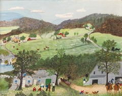 Oil painting of a farm during early fall, a group of farmhands in the foreground gathered to rest on the grass, with a mountainous background.
