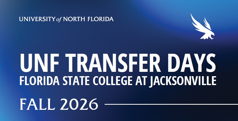 Blue banner with the osprey and University of North Florida logo and info about event