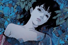 Animated film still of a phantasmal woman laying upon a background of blue tinted objects that merges in a dreamlike with with her form.