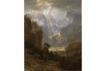 A landscape painting shows sunlit, snow-capped mountains in the background and a lush green valley with a river in the foreground.