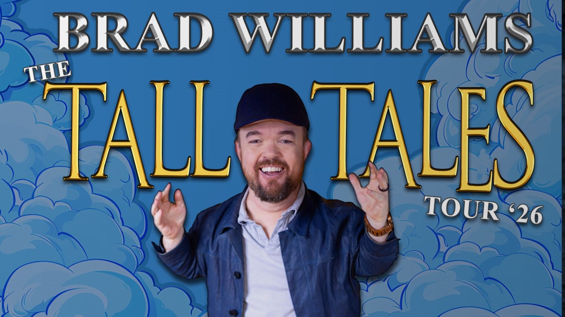 Comic Brad Williams with text that says "The Tall Tales Tour"