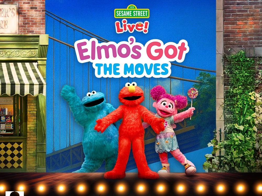 Sesame Street character elmo and friends under text that says Sesame Street Live Elmo's Got the Moves