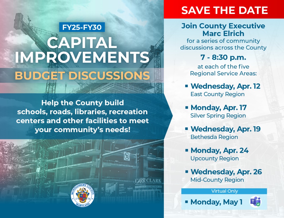 FY25-30 Capital Improvement Budget Forum: Virtual, Monday, May 1, 2023, 7 -  8:30pm - Calendar - Montgomery County, MD