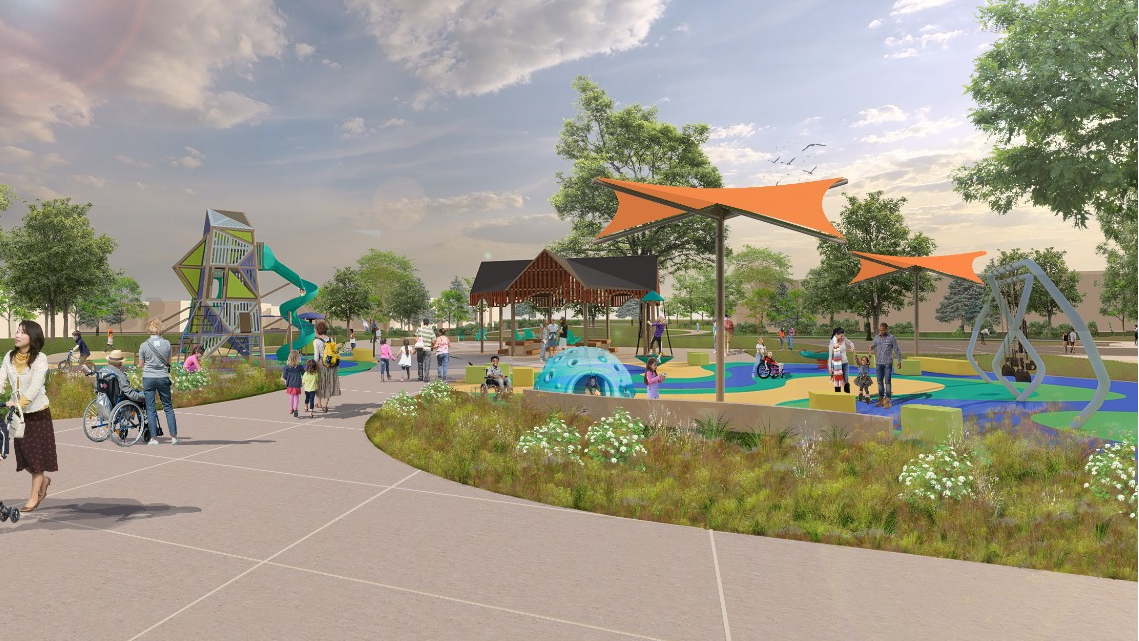park concept rendering of a colorful playground, grassy areas, paved walking loop with kids and families playing
