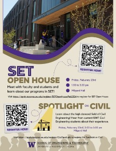 SET Open House-Spotlight on Civil Engineering, Friday, February 23, 2024, 3  - 5pm - Events Calendar | About UW Tacoma | University of Washington Tacoma