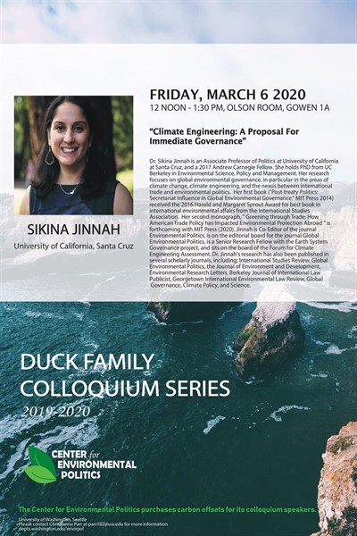 CANCELLED - Sikina Jinnah: UW Center for Environmental Politics' Duck Family Colloquium Series