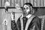 Black-and-white engraving of a bearded man in 17th-century dress, seated at a desk, smoking a pipe while a book is in front of him.