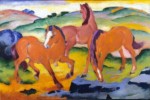 This brightly colored painting shows three red-hued horses with no saddles standing together in a rural landscape. This brightly colored painting shows three red-hued horses with no saddles standing together in a rural landscape.