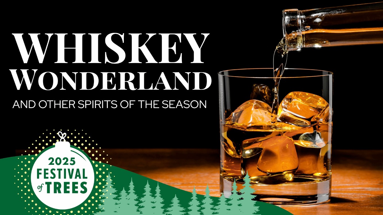 Festive graphics of trees with a photo of a tumbler of whiskey with ice