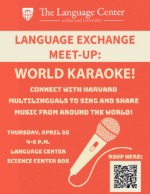 invitation to Language Exchange World Karaoke event; Thursday, April 30, 4pm