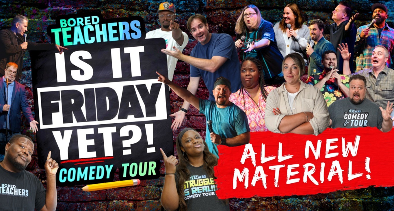 collage of teachers with various expressions and text "Bored Teachers Is It Friday Yet?"