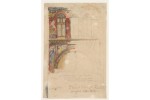 A partially colored working drawing on cream paper shows the wall structure of a church, with two registers of rounded arches and ornamentation. Handwritten notes in pencil are on the bottom. A partially colored working drawing on cream paper shows the wall structure of a church, with two registers of rounded arches and ornamentation. Handwritten notes in pencil are on the bottom.