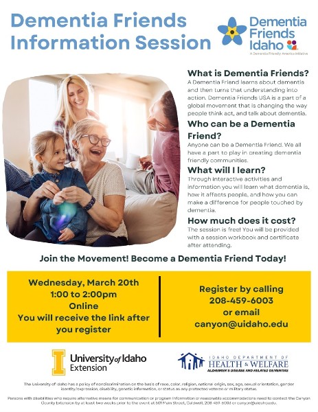 Dementia Friends Information Session, Wednesday, Mar. 20, 2024, 1 - 2 p.m.  MDT - Calendar - University of Idaho Extension in Teton County