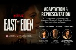 Netflix event poster for “East of Eden: Adaptation & Representation,” featuring a shadowed face and three speaker portraits; announces a Harvard discussion on Asian American representation.