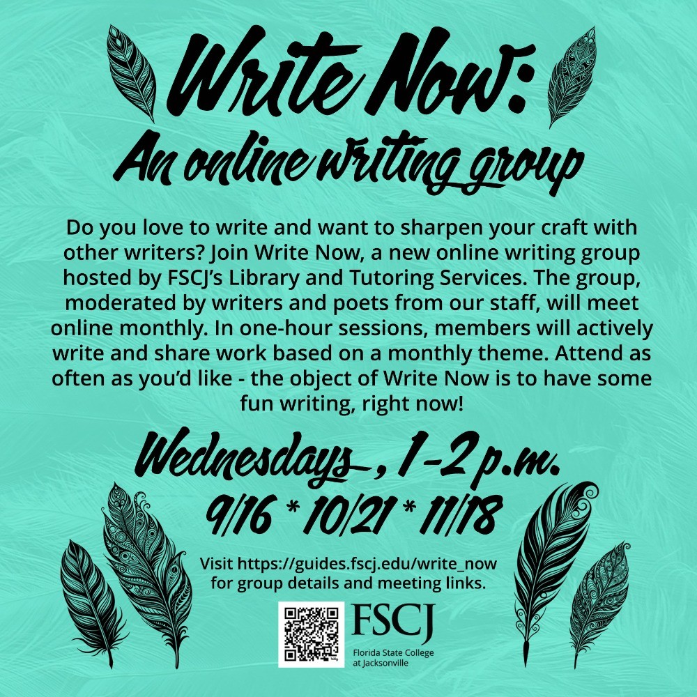 Turuoise colored ad for Write Now: An Online Writing Group
