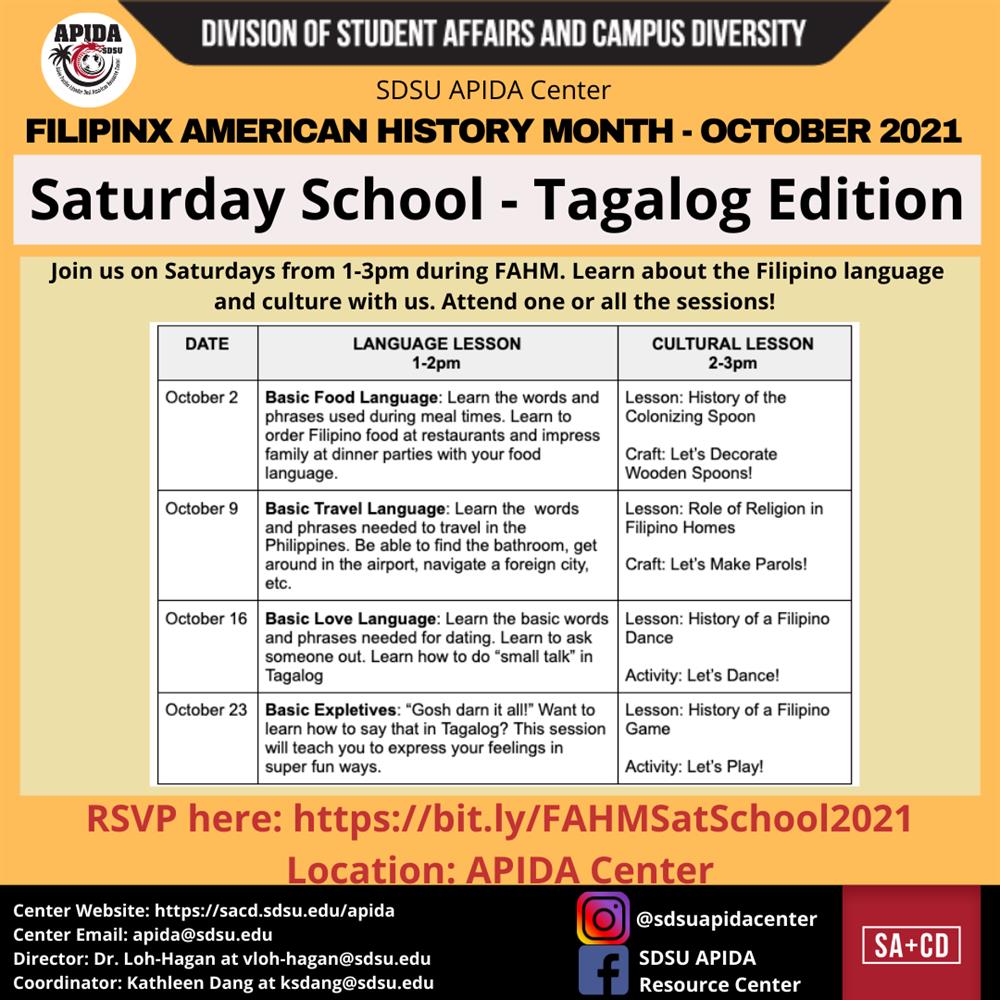 Saturday School - Tagalog Edition, Saturday, October 23, 2021, 1 - 3pm -  Saturday School - Tagalog Edition, Saturday, October 23, 2021, 1 - 3pm -  Calendar