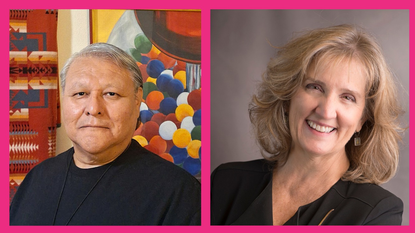Head shot for Colorado Poet Laureate on left side and culture supporter Rebecca Safarik