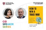Center for int Dev logo, Reimagining the Economy Logo, photo of main speakers, cover of the book how to win a trade war