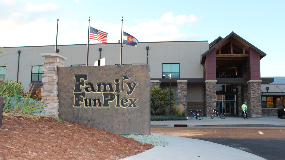 Entrance of the Family FunPlex building and sign out front