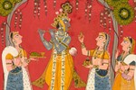 A crowned man with blue skin plays a flute as three women offer him food and drink under an arch of flowers. A crowned man with blue skin plays a flute as three women offer him food and drink under an arch of flowers.