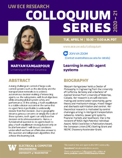 UW ECE Research Colloquium Lecture Series | Learning in multi-agent systems - Maryam Kamgarpour, The University of British Columbia