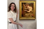 In this photomontage, a smiling young woman, wearing a white dress with a black belt, gestures toward a painting that appears to float beside her. In the painting, a red-haired woman in a cream-colored dress sits with her head inclined toward a stringed