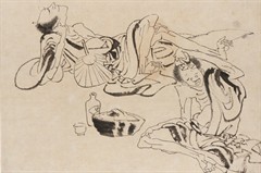 Lively flowing ink sketch of two figures lounging while enjoying sake.