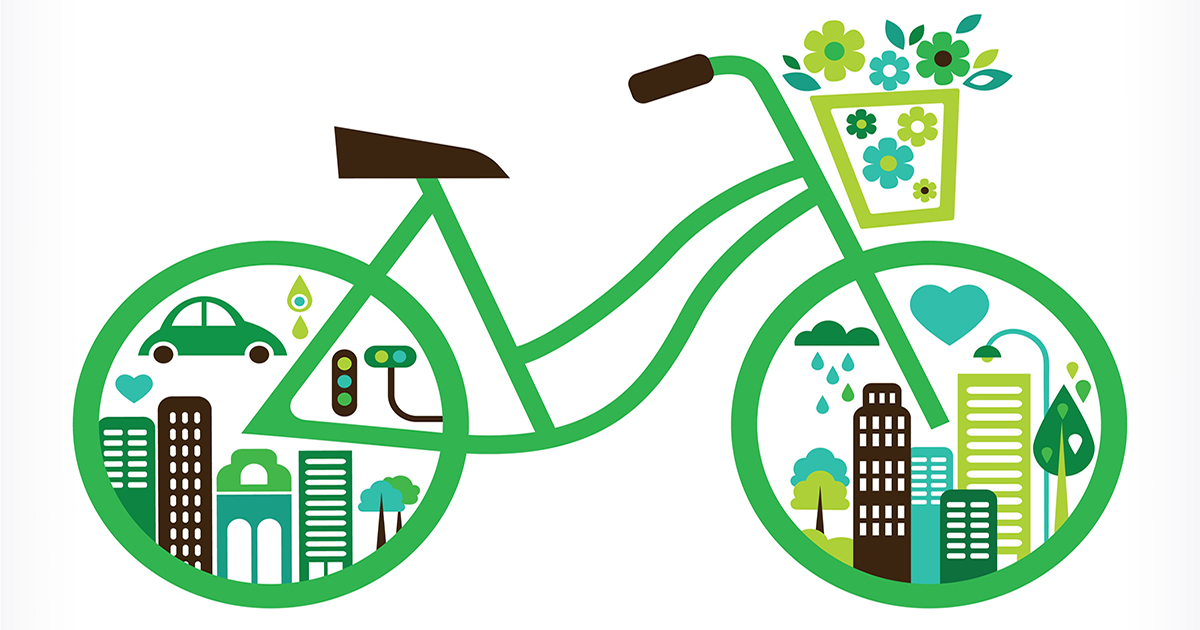 Green bicycle with sustainability images in the wheel area