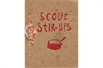 A vintage-style cover titled “Scout Stir-Ups” features red hand-drawn text and a cooking pot illustration on textured brown paper, bound with red-and-white twine.