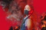 A girl wearing a mask superimposed on a smoky background with a fire and with trees.