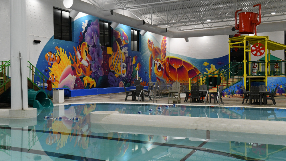 View of the Family FunPlex Indoor Waterpark and mural