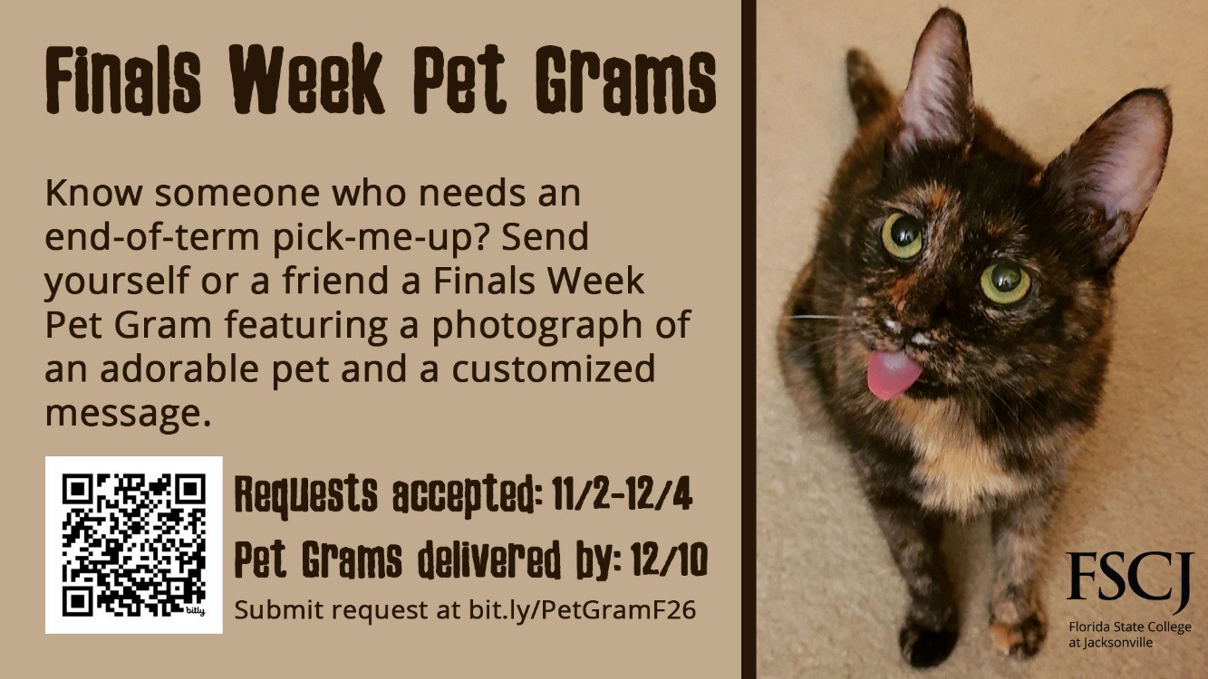 Adorable tortie cat with a derp on ad promoting Finals Week Pet Grams.