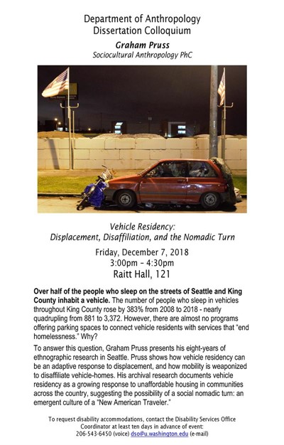 Anthropology Dissertation Colloquium - Graham Pruss "Vehicle Residency: Displacement, Disaffiliation, and the Nomadic Turn"
