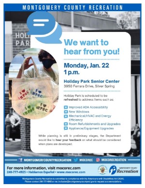 Holiday Park Senior Center Community Meeting, Monday, January 22, 2024, 1 -  2pm - Senior Calendar - Montgomery County, MD