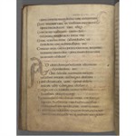 Image of a page from an illuminated manuscript, showing writing in Latin and an initial “A” embellished with dragon-like creatures.