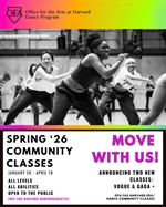Flyer with monochrome image with people dancing in a studio and colorful text