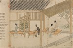 Crop of ink painting on scroll. Four figures stand at tables, drying and sorting leaves under a tiled roof. Crop of ink painting on scroll. Four figures stand at tables, drying and sorting leaves under a tiled roof.