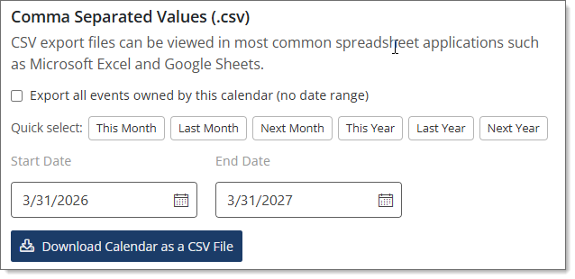 CSV export date range options