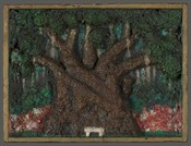  A painting of a white bench in front of a large oak tree.