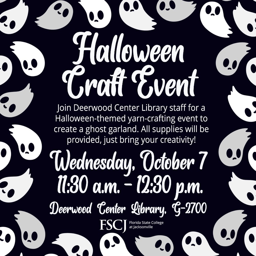 Black ad with a border of illustrated ghosts promoting Halloween Craft event at Deerwood.