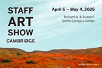 Staff Art Show: Cambridge visual featuring a painting of a narrow dirt path winding through a vast field of bright orange wildflowers under a wide, pale blue sky with soft, wispy clouds and low hills on the horizon.