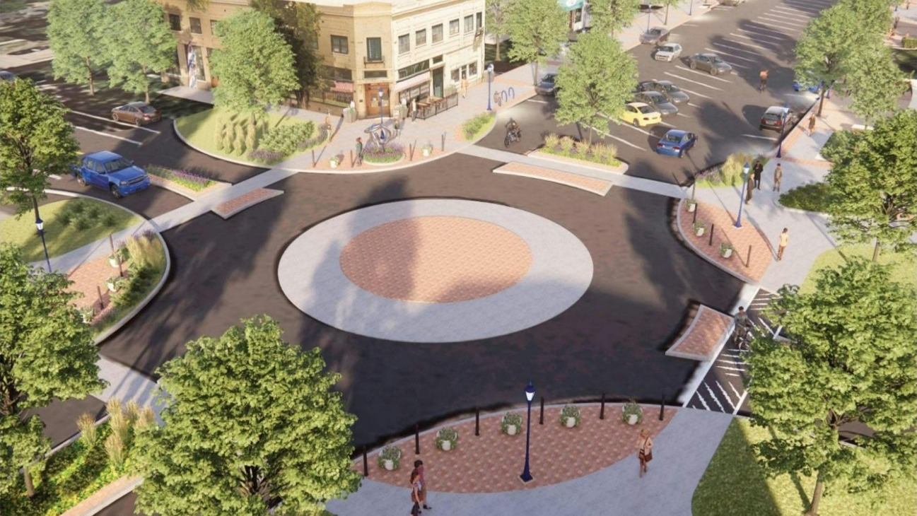 Aerial view of a new roundabout at 16th Street and 10th Avenue, outside Margie's Java Joint