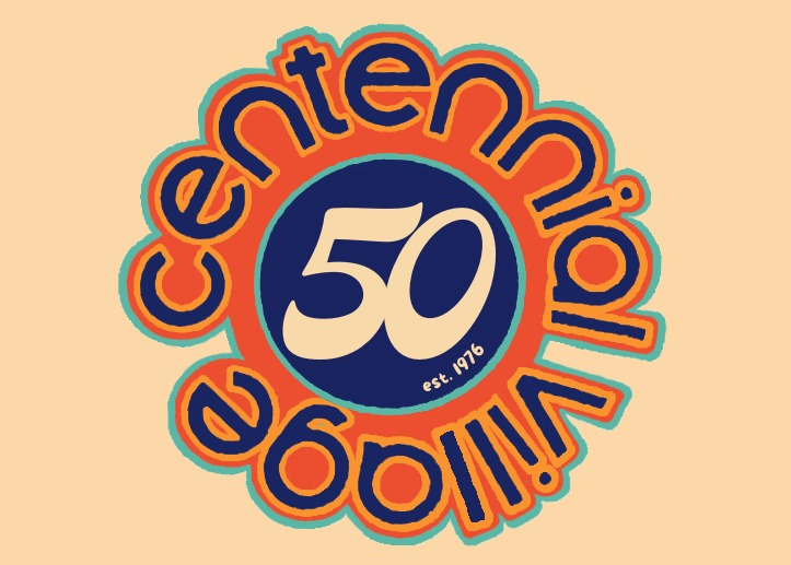 graphic logo with 50 at center and retro text that reads centennial village