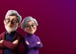 older couple standing back to back with arms folded