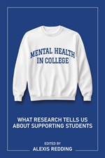 Book cover depicting the book's title Mental Health in College on a crewneck sweatshirt with collegiate lettering