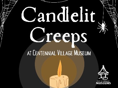 graphic of candle with spiderwebs and the words Candlelit Creeps