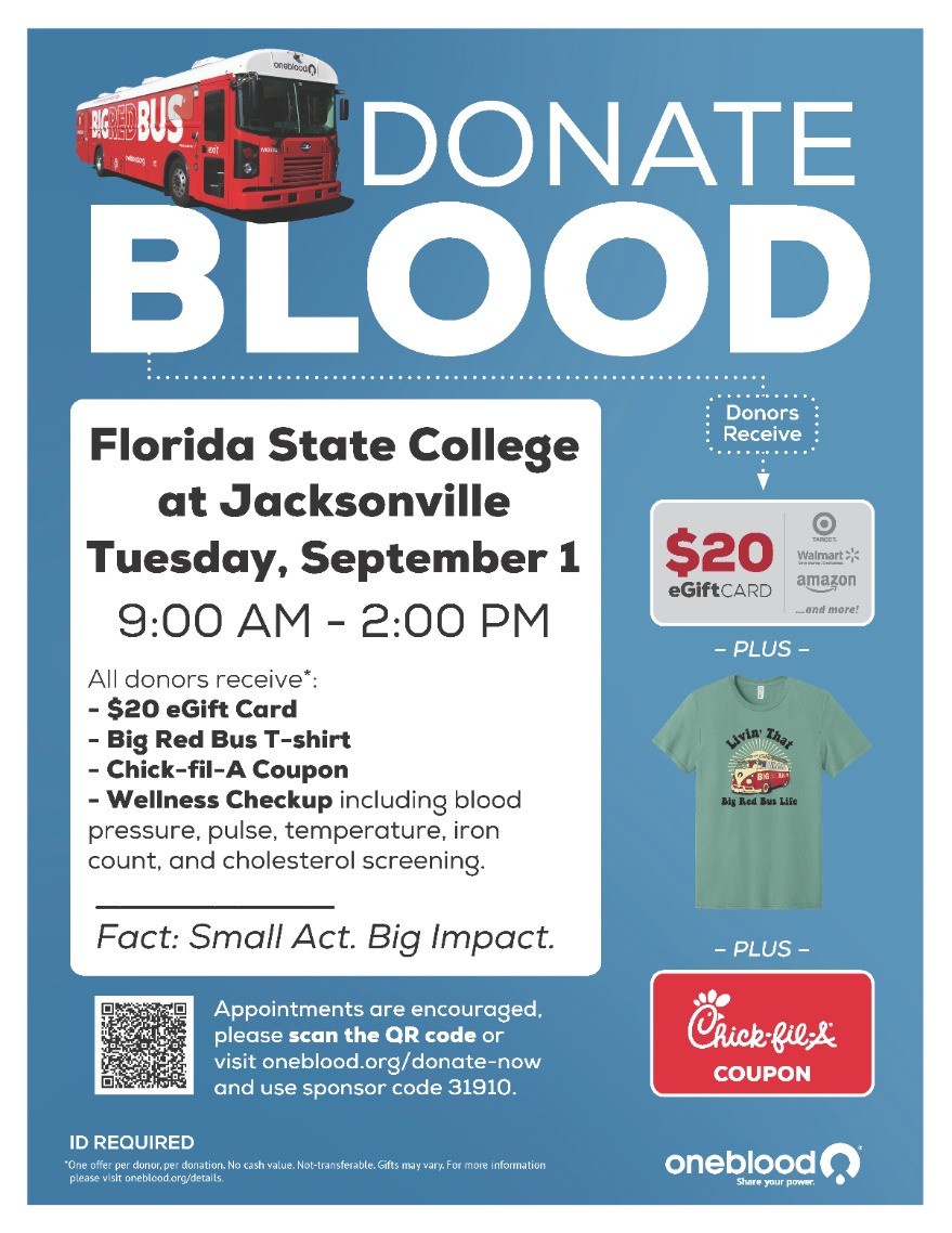 OneBlood donation drive during Welcome Week on Tuesday, September 1st from 9 a.m. to 2 p.m.