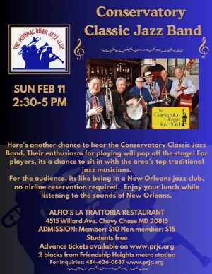 Conservatory Classic Jazz Band sponsored by PRJC, Sunday, February 11,  2024, 2:30 - 5pm - Senior Calendar - Montgomery County, MD