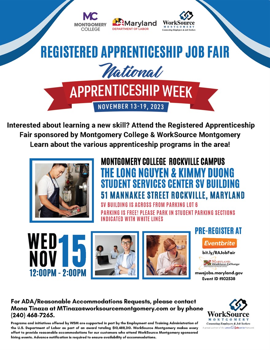 Registered Apprenticeship Fair, Wednesday, November 15, 2023, 12 - 2pm -  Calendar - Montgomery County, MD