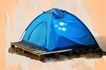 Illustration of a blue tent on a wood pallet